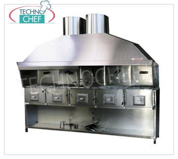 GRIGLIA ROMAGNA - Technochef, Griglia/Cucina Romagna a carbone vegetale con 5 bracieri Griglia Romagna a carbone vegetale con 5 bracieri, completa di cappa aspirante con relativo motore e supporto Base INOX, V.230/1, Kw.0,75, Peso 300 Kg, dim.mm.2670x850x2410h.