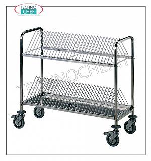 Carrello scolavassoi con Griglie Inox per 60 Vassoi Carrello scolavassoi con di 2 ripiani in acciaio inox della portata di 60 vassoi,, struttura portante in acciaio inox AISI304,  4 ruote piroettanti di cui 2 con freno, paracolpi in gomma, dim cm. 108x45x95h