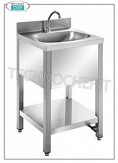 Lavamani inox su gambe con ripiano inferiore ed alzatina, completo di comando a pedale Lavamani in acciaio inox su gambe con ripiano inferiore ed alzatina, vasca semicircolare, completa di comando a pedale con erogatore, dimensioni mm. 500x450x850h