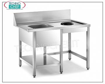 Tavoli di prelavaggio per lavastoviglie a cappottina TAVOLO di SBARAZZO e PRELAVAGGIO in ENTRATA LAVASTOVIGLIE con AGGANCIO MACCHINA E VASCA (mm. 400x400x300h) A SINISTRA, FORO SBARAZZO A DESTRA, completa di ALZATINA posteriore (200mm), pannellature, RIPIANO INFERIORE, - dimensioni mm. 1200x700x850h