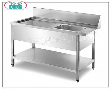 Tavoli di prelavaggio per lavastoviglie a cappottina TAVOLO di PRELAVAGGIO in ENTRATA LAVASTOVIGLIE con AGGANCIO MACCHINA e VASCA (mm. 500x400x300h) a DESTRA, completo di ALZATINA POSTERIORE (200mm) , PANNELLATURE perimetrali e RIPIANO INFERIORE - dimensioni mm. 800x700x850h