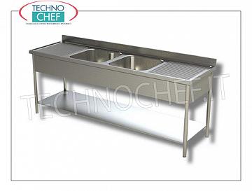 Lavello inox professionale 2 vasche CENTRALI e 2 gocciolatoi, Linea 700 Lavello 2 vasche (cm 50x50x30h) CENTRALI con 2 gocciolatoi, Versione Pannellatae con ripiano inferiore, dimensioni mm 2000x700x950h