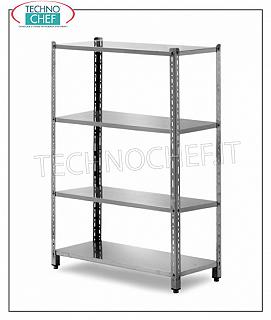 Scaffali componibili in acciaio inox Scaffalatura Componibile INOX con 4 ripiani lisci RINFORZATI montato a bullon, dimensioni,  mm 900x500x2000h