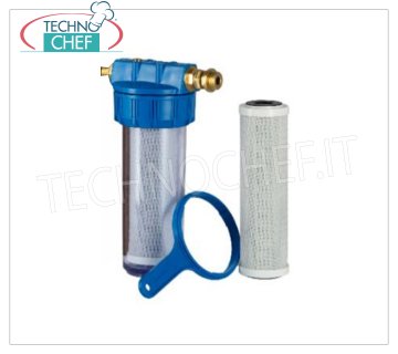 Technochef - FILTRO ad ACQUA con CARTUCCIA in CARBONE ATTIVO, attacchi da 1/2'', Mod.NK223C Filtro ad acqua con cartuccia in carbone attivo 5 micron, Serie NK, bicchiere da 9'', attacchi da 1/2'', per addolcitori automatici.