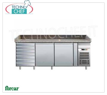 Banco Pizza 2 Porte, 7 Cassetti, Piano in Granito, Ventilato, Classe B BANCO PIZZA REFRIGERATO 2 PORTE, CASSETTIERA 7 Cassetti, piano in GRANITO, temperatura +2/+8°C, V.230/1, Ventilato, ECOLOGICO in Classe B, Gas R290, Kw.0,26, Peso 362 Kg, dim.mm.2025x800x1000h