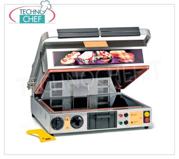 TECHNOCHEF - Piastra Forno in Vetroceramica Doppia, Piano liscio e Rigato cm.40x30, Mod.PF2095/1 PIASTRA FORNO in VETROCERAMICA da TAVOLO, con piano inferiore LISCIO e piano superiore RIGATO da mm 400x300, 2 posizioni del maniglione: ↑forno e ↓piastra,  funzione GRILL e VENTILAZIONE, V.230/1, Kw.2,00, Peso 34 Kg, dim.mm.500x540x630h