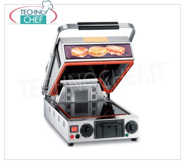 TECHNOCHEF - Piastra Forno in Vetroceramica Singola, Piano Liscio e Rigato da cm.25x25, Mod.PF2097 PIASTRA FORNO in VETROCERAMICA da TAVOLO,  con piano inferiore LISCIO e piano superiore RIGATO da mm 250x250, 2 posizioni del maniglione: ↑forno e ↓piastra, funzione GRILL, V.230/1, Kw.1,35, Peso 21 Kg, dim.mm.360x500x560h