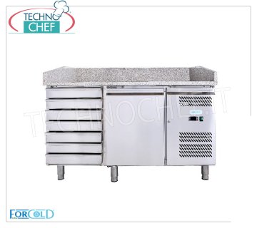 Banco Pizza Refrigerato 1 Porta e  7 Cassetti,  Piano in Granito, Ventilato Classe C BANCO PIZZA REFRIGERATO 1 PORTA + CASSETTIERA, piano in granito, Temp.-2°/+8°C, Ventilato, ECOLOGICO in CLASSE C, GAS R600a, completo di unità refrigerante, V.230/1, Kw.0,275, Peso 304 Kg, .dim.mm.1510x800x1000h