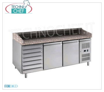 Banco Pizza 2 Porte, 7 Cassetti, Piano in Granito, Ventilato, Ecologico, Classe C BANCO PIZZA REFRIGERATO 2 PORTE+CASSETTIERA, piano in granito con alzatina sui 3 lati, temperatura -2°/+8 °C, Ventilato, ECOLOGICO in CLASSE C, GAS R600a, V.230/1, Kw.0,275, Peso 327 Kg, dim.mm.2020x800x1000h