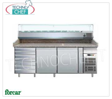 Banco Pizza  2 PORTE, 7 Cassetti, con vetrina PROFONDA 330 o 380 mm, Classe B Banco pizza refrigerato 2 PORTE + CASSETTIERA, con vetrina refrigerata profonda mm 330, capacità 10 bacinelle GN 1/4 (mm 265x162), temperatura +2/+8°C, Ventilato, ECOLOGICO in Classe B, Gas R290, V.230/1, Kw.0,26, dim.mm.2025x800x1445h