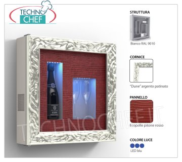 QUADRO VINO REFRIGERATO, 1 BOTTIGLIA e 2 BICCHIERI, Temp.+4°/+10° Quadro vino REFRIGERATO, 1 Bottiglia e 2 Bicchieri, versione con: Struttura BIANCA, Pannello in ECOPELLE PITONE ROSSA, Cornice DUNE ARGENTO PATINATO, Luce LED Blu, Temp.+4°/+10°, V.230/1, Kw.0,03, Peso 22 Kg, dim.mm.600x600x155h