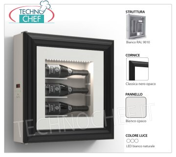 QUADRO VINO REFRIGERATO, 3 BOTTIGLIE, Temp.+8°/+14° Quadro vino REFRIGERATO, 3 Bottiglie, versione con: Struttura BIANCA, Pannello BIANCO OPACO, Cornice CLASSICA NERO OPACO, Luce LED bianco naturale, Temp.+8°/+14°, V.230/1, Kw.0,06, Peso 22 Kg, dim.mm.600x600x155h