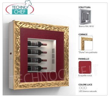 QUADRO VINO REFRIGERATO, 4 BOTTIGLIE, Temp.+12°/+18° Quadro vino REFRIGERATO, 4 Bottiglie, versione con: Struttura BIANCA, Pannello in ECOPELLE ROSSA, Cornice DUNE ORO PATINATO, Luce LED bianco naturale, Temp.+12°/+18°, V.230/1, Kw.0,06, Peso 30 Kg, dim.mm.780x780x155h