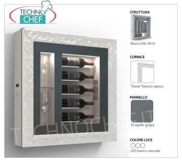 QUADRO VINO REFRIGERATO, 5 BOTTIGLIE e 2 BICCHIERI, Temp.+12°/+18° Quadro vino REFRIGERATO, 5 Bottiglie e 2 Bicchieri, versione con: Struttura BIANCA, Pannello in ECOPELLE GRIGIA, Cornice DUNE BIANCO OPACO, Luce LED bianco naturale, Temp.+12°/+18°, V.230/1, Kw.0,06, Peso 30 Kg, dim.mm.780x780x155h