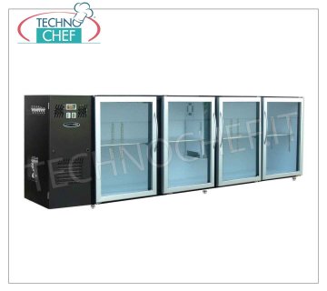 Banco frigo bar 4 porte vetri, Ventilato, Temp. +2°+8° - in Skinplate Nero, Lungo cm 240 Banco Frigo per bar, 4 porte vetri, ventilato, temp +2°+8° - lt 610, V. 220/1, 50Hz, dim. mm 2400x540x850h