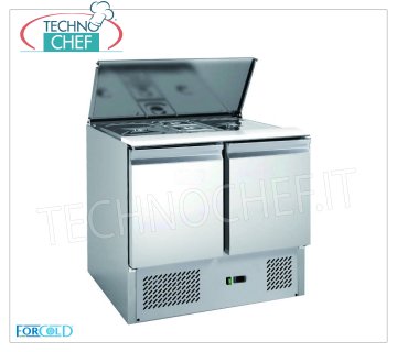 Saladette Refrigerata  2 Porte, Predisposto per 2 Bacinelle GN 1/1 e da 1/6,  mod .G-S900-FC Saladette refrigerata per insalate a 2 PORTE, capacità n.2 bacinelle GN 1/1 + n.3 bacinelle GN 1/6, Temp. +2°/+8°C, Statica, Gas ECOLOGICO R600a, V.230/1, Kw.0,235, Peso 65 Kg, dim.mm.900x700x850h