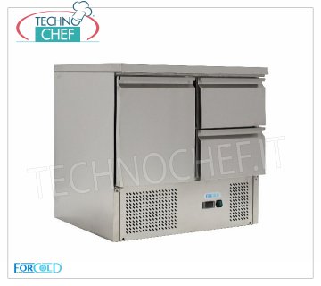 Forcold-Tavolo Frigo/Refrigerato 1 Porta+2 Cassetti, Temp.+2°/+10°C, lt.230, Statico,mod.G-S9012D-FC Tavolo Refrigerato 1 Porta e 2 Cassetti, Professionale, capacità lt.230,  Temperatura +2°/+10°C, Refrigerazione statica, Gastro-Norm 1/1, Gas R600a, V.230/1, Kw.0,235, Peso 71 Kg, dim.mm.900x700x850h