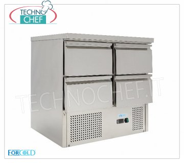 Forcold -Tavolo Frigo/Refrigerato 4 Cassetti, Temp.+2°/+10°C, lt.220, Statico, mod.G-S9014D-FC Tavolo Refrigerato con 4 Cassetti, Professionale, capacità lt.220, Temperatura +2°/+10°C, Refrigerazione statica, Gastro-Norm 1/1, Gas R600a, V.230/1, Kw.0,235, Peso 80 Kg, dim.mm.900x700x850h