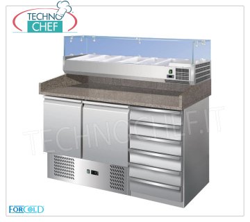 Banco Pizza Refrigerato, 2 Porte, 6 Cassetti, Piano in Granito e Vetrina Ingredienti da 1/3 o 1/4 gn Banco pizza refrigerato 2 Porte+Cassettiera, con vetrina refrigerata profonda 330 mm, capacità 6 bacinelle GN 1/4 (mm 265x162), Ventilato Temp.+2°/+8°C,  ECOLOGICO in Classe E, Gas R600a, V.230/1, Kw.0,235,  Peso Kg. 280, dim.mm.1420x700x1455h