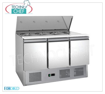 Saladette Refrigerata 3 Porte, predisposta per 4 Bacinelle GN 1/1,  mod. S903-FC Saladette refrigerata per insalate a 3 PORTE, capacità n.4 bacinelle GN 1/1 (mm 530x325), Temp.+2°/+8°C, Statica, Gas ECOLOGICO R600a, V.230/1, Kw.0,235, Peso 104 Kg, dim.mm.1365x700x865h