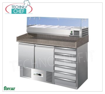 Banco Pizza  INOX 304, 2 Porte, 6 Cassetti e Vetrina Ingredienti da 1/3 o 1/4 gn , Classe C Banco pizza refrigerato con 2 porte, cassettiera a 6 cassetti, con vetrina refrigerata profonda 330 mm, capacità 6 bacinelle GN 1/4 (mm 265x162), temp.+2°/+8°C, Statico, ECOLOGICO in CLASSE C, Gas R600a, V.230/1, Kw.0,155, dim.mm.1400x700x1465h