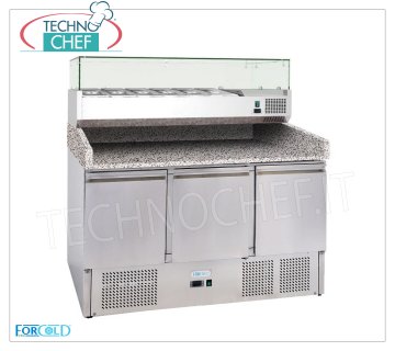 Banco Pizza Refrigerato 3 PORTE, Piano in GRANITO e Vetrina Ingredienti da 1/3 o 1/4 gn, Classe E Banco pizza refrigerato 3 porte, con vetrina refrigerata profonda 330 mm, capacità 6 bacinelle GN 1/4 (mm 265x162), Ventilato temp.+2°/+8°C, ECOLOGICO in Classe E, Gas R600a, V.230/1, Kw.0,435, dim.mm.1400x700x1455h