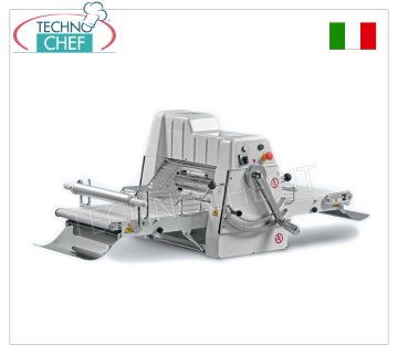 SFOGLIATRICE per Pasticceria, con NASTRI da cm 95x50 dotati di Raccogli Sfoglia, mod. SF-B500-95 Sfogliatrice Professionale per Pasticceria da Banco con NASTRI-TAPPETI da mm 950x500 dotati SOTTOPIANO per FARINA e RACCOGLI SFOGLIA, Rulli di LAMINAZIONE da mm. 500 con Apertura da: 0 a 35 mm, Peso Kg 126, kw 0,75, dim. aperta mm. 2320x880x650h