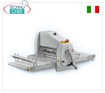 SFOGLIATRICE Professionale per Pasticceria con NASTRI da cm 71x50, mod. SF-BECO-71 Sfogliatrice Pasticceria da Banco, ﻿con NASTRI-TAPPETI, da cm 71x50, COMANDI MANUALI, TAVOLI Ripieghevoli Lunghi mm 710,RULLI di LAMINAZIONE da mm. 500, APERTURA RULLI da: 0 a 40 mm, Peso Kg 90, kw 0,55, dim. aperta mm. 1480x870x600