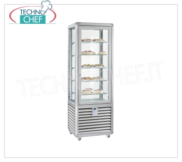 Vetrina Refrigerata Pasticceria 1 Porta, 4 lati espositivi, 5 ripiani rettangolari, Linea CURVE Vetrina  refrigerata per Pasticceria 1 porta, Linea CURVE, con 4 lati espositivi, 5 ripiani rettangolari in vetro, capacità lt.360, temperatura d'esercizio +4°/+10°C, refrigerazione ventilata, V.230/1, Kw.0,54, Peso 155 Kg, dim.mm.620x620x1860h