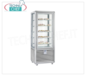 Vetrina Refrigerata Pasticceria 1 Porta, 4 lati espositivi, 5 ripiani rettangolari, Linea CURVE Vetrina  refrigerata per Pasticceria 1 porta, Linea CURVE, con 4 lati espositivi, 5 ripiani rettangolari in vetro, capacità lt.427, temperatura d'esercizio +4°/+10°C, refrigerazione ventilata, V.230/1, Kw.0,54, Peso 170 Kg, dim.mm.720x620x1860h