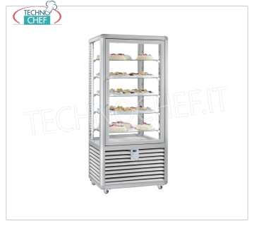 Vetrina Refrigerata Pasticceria 1 Porta, 4 lati espositivi, 5 ripiani rettangolari, Linea CURVE Vetrina  refrigerata per Pasticceria 1 porta, Linea CURVE, con 4 lati espositivi, 5 ripiani rettangolari in vetro, capacità lt.541, temperatura d'esercizio +4°/+10°C, refrigerazione ventilata, V.230/1, Kw.0,54, Peso 176 Kg, dim.mm.900x620x1860h