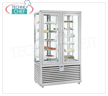 Vetrina Refrigerata Pasticceria 2 Porte, 4 lati espositivi, 5 ripiani rettangolari+6 ripiani rotanti Vetrina refrigerata per Pasticceria 2 porte, Linea CURVE, con 4 lati espositivi, 5 ripiani rettangolari + 6 ripiani rotanti, capacità lt.742, temperatura +4°/+10°C, refrigerazione ventilata, V.230/1, Kw.0,54+0,54, Peso 294 Kg, dim.mm.1180x620x1860h