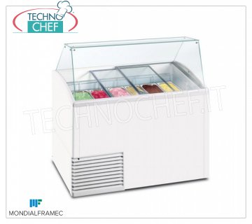 MONDIAL FRAMEC - Vetrina espositiva per gelato mantecato, lt.431, Mod.SLANT510ICE Vetrina espositiva per gelato mantecato, MONDIAL FRAMEC, capacità 431 litri, temperatura -15°/-20°C, statico con evaporatore avvolto nella vasca,V. 230/1, Kw 0,28, Peso 103 Kg, dim.mm.1341x725x1235h