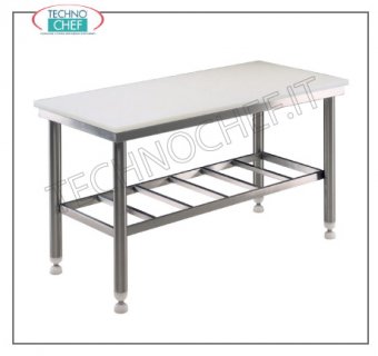 Tavoli Macelleria con piano in Polietilene spessore 25 mm , profondità 700 mm Tavolo lavoro Macelleria con piano polietilene spessore 25 mm,  su ROBUSTA STRUTTURA INOX  SALDATA con ripiano inferiore grigliato, dim. mm 1000x700x850h