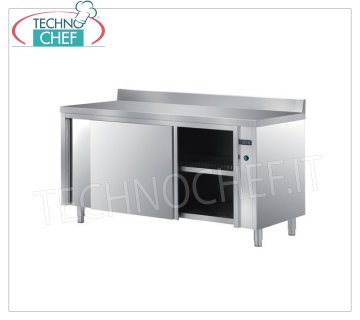 TECHNOCHEF - Tavolo armadio caldo inox 304, con porte scorrevoli ed alzatina, Profondo cm 60 Tavolo armadiato Caldo inox 304, elettrico ventilato con alzatina, 2 porte scorrevoli tamburate e ripiano intermedio regolabile, termostato digitale, V 230/1, Kw 2,5, dimensioni mm 1200x600x850h