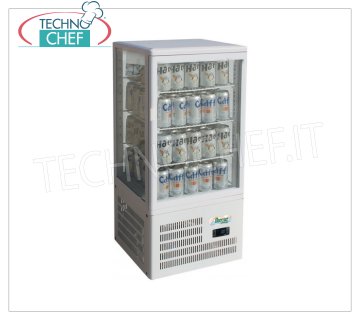 Forcar - Vetrina Frigo per Bibite, 1 Porta, lt.58, Ventilato, temp.+2°/+8°C, Classe C, mod.G-TCBD68 Frigorifero per Bibite-Bevande Professionale, vetro su 4 lati, 1 porta, Ventilato, temp.+2°/+8°C, capacità lt.58, Classe C, illuminazione a led, completo di 3 griglie, V.230/1, Kw.0,16, Peso 33 Kg, dim.mm.428x386x927h