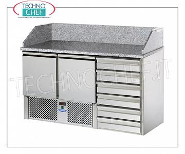 Banco Pizza Refrigerato, GN, 2 Porte, 6 Cassetti, Piano in Granito, Ecologico BANCO PIZZA REFRIGERATO GN, 2 PORTE,  CASSETTIERA con  6 cassetti, Ventilato temp.+4°/+10°C, completo di unità refrigerante, piano in granito con alzatina, V.230/1, Kw.0,28, peso 216 Kg, dim.mm.1410x700x1070h