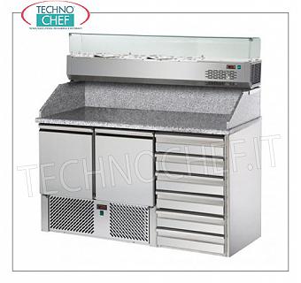 Banco pizza Refrigerato, GN, 2 Porte 6 Cassetti, Piano in Granito, Vetrina Ingredienti da 1/4 gn, BANCO PIZZA REFRIGERATO, GN,  con 2 PORTE, CASSETTIERA 6 Cassetti, Piano in GRANITO, Ventilato temp.+4°/+10°C,  ECOLOGICO,  VETRINA REFRIGERATA GN 1/4, V.230/1, Kw.0,28, peso 245 Kg, dim.mm.1410x700x1525h