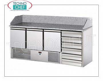 Banco pizza Refrigerato, GN,  3 Porte, 6 Cassetti, Piano in Granito con Alzatina, Ecologico BANCO PIZZA REFRIGERATO GN, 3 PORTE, CASSETTIERA 6 Cassetti, Piano in GRANITO, Ventilato temp.+4°/+10°C,  ECOLOGICO,  V.230/1, Kw.0,3, peso 227 Kg, dim.mm.1900x700x1070h