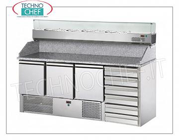 Banco Pizza Refrigerato 3 Porte, Piano in Granito, 6 Cassetti e Vetrina Ingredienti da 1/4 o 1/3 gn BANCO PIZZA REFRIGERATO, con 3 PORTE, CASSETTIERA a 6 Cassetti, temp.+4°/+10°C, Ventilato  ECOLOGICO, Piano in GRANITO e VETRINA REFRIGERATA GN 1/4, V.230/1, Kw.0,3, peso 350 Kg, dim.mm.1900x700x1525h