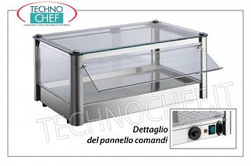 Vetrine espositive calde da banco VETRINA ESPOSITIVA CALDA da banco, ad 1 PIANO, STRUTTURA INOX, vetro sui 4 lati, PORTINE a CADUTA in plexiglass lato operatore, completa di UMIDIFICATORE, temperatura da +30°a +90°C, adatta per bacinelle GN 2/3, V.230/1, Kw.0,5, dim.mm.370X370X240h