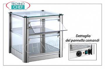 Vetrine espositive calde da banco VETRINA ESPOSITIVA CALDA da banco, a 2 PIANI, STRUTTURA INOX, vetro sui 4 lati, PORTINE a CADUTA in plexiglass lato operatore, completa di UMIDIFICATORE, temperatura da +30°a +90°C, adatta per bacinelle GN 2/3, V.230/1, Kw.0,5, dim.mm.370X370X390h