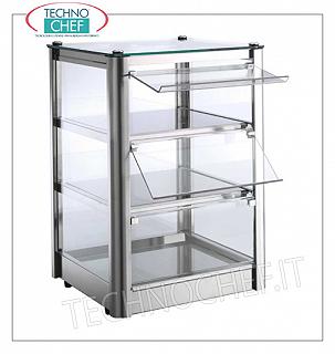 Vetrine espositive neutre da banco VETRINA ESPOSITIVA NEUTRA da banco, a 3 PIANI, STRUTTURA INOX, vetro sui 4 lati, PORTINA a CADUTA in plexiglass lato operatore, adatta per bacinelle Gastro-Norm 2/3, Peso Kg.11, dim.mm.370x370x540h