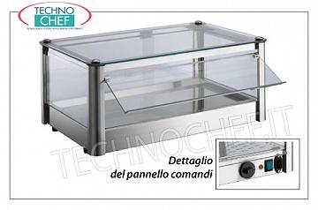 Vetrine espositive calde da banco VETRINA ESPOSITIVA CALDA da banco, ad 1 PIANO, STRUTTURA INOX, vetro sui 4 lati, PORTINE a CADUTA in plexiglass lato operatore, completa di UMIDIFICATORE, temperatura da +30°a +90°C, adatta per bacinelle GN 1/1, V.230/1, Kw.0,5, dim.mm.570X370X240h