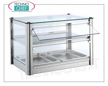 Vetrine espositive neutre da banco VETRINA ESPOSITIVA NEUTRA da banco, a 2 PIANI, STRUTTURA INOX, vetro sui 4 lati, PORTINA a CADUTA in plexiglass lato operatore, adatta per bacinelle Gastro-Norm 1/1, Peso Kg.14, dim.mm.570x370x390h