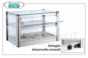 Vetrine espositive calde da banco VETRINA ESPOSITIVA CALDA da banco, a 2 PIANI, STRUTTURA INOX, vetro sui 4 lati, PORTINE a CADUTA in plexiglass lato operatore, completa di UMIDIFICATORE, temperatura da +30°a +90°C, adatta per bacinelle GN 1/1, V.230/1, Kw.0,5, dim.mm.570X370X390h