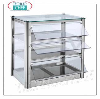 Vetrine espositive neutre da banco VETRINA ESPOSITIVA NEUTRA da banco, a 3 PIANI, STRUTTURA INOX, vetro sui 4 lati, PORTINA a CADUTA in plexiglass lato operatore, adatta per bacinelle Gastro-Norm 1/1, Peso Kg.17, dim.mm.570x370x540h