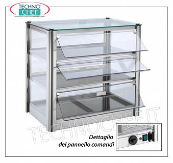 Vetrine espositive calde da banco VETRINA ESPOSITIVA CALDA da banco, a 3 PIANI, STRUTTURA INOX, vetro sui 4 lati, PORTINE a CADUTA in plexiglass lato operatore, completa di UMIDIFICATORE, temperatura da +30°a +90°C, adatta per bacinelle GN 1/1, V.230/1, Kw.0,5, dim.mm.570X370X540h