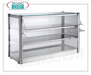 Vetrine espositive neutre da banco VETRINA ESPOSITIVA NEUTRA da banco, a 3 PIANI, STRUTTURA INOX, vetro sui 4 lati, PORTINA a CADUTA in plexiglass lato operatore, adatta per bacinelle Gastro-Norm 1/1+1/2, Peso Kg.27, dim.mm.870x370x540h