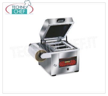 EUROMATIC - Technochef, Termosigillatrici semiautomatiche vuoto/gas per vaschette, Mod.TRAY 600 Termosigillatrice sottovuoto/gas, per VASCHETTE PREFORMATE, AUTOMATICA da BANCO con COMANDI DIGITALI, per CONTENITORI MISURE MAX di mm 265x325, V 230/1, Kw 1,8, Peso 120 Kg, dimensioni esterne mm 610x600x560h